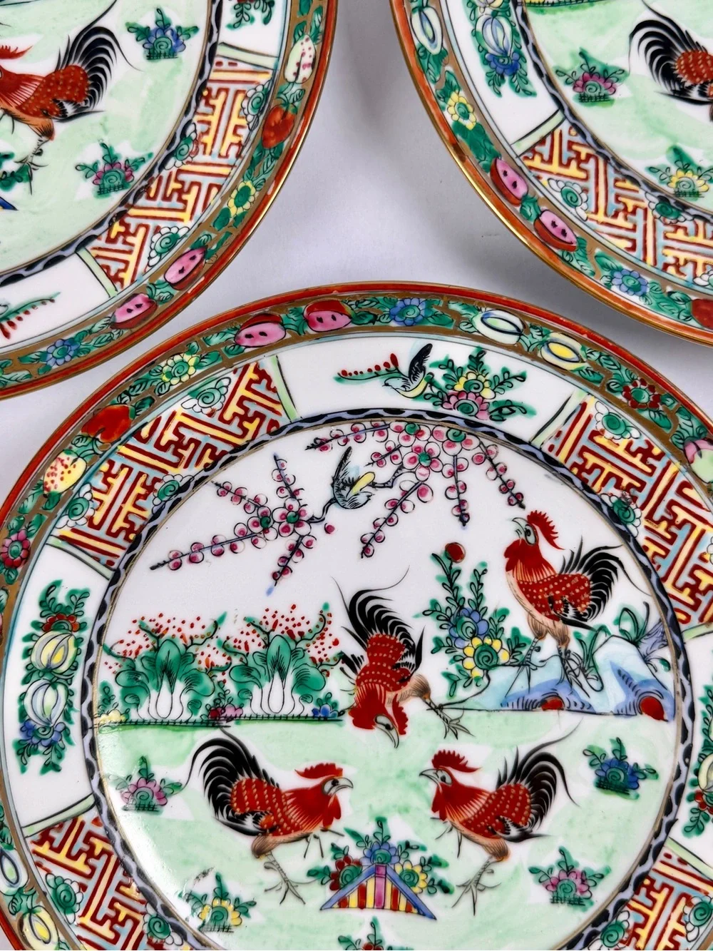 Chinese Famille Rose Canton Rooster Porcelain Plates Set of 3, 8” Hong Kong